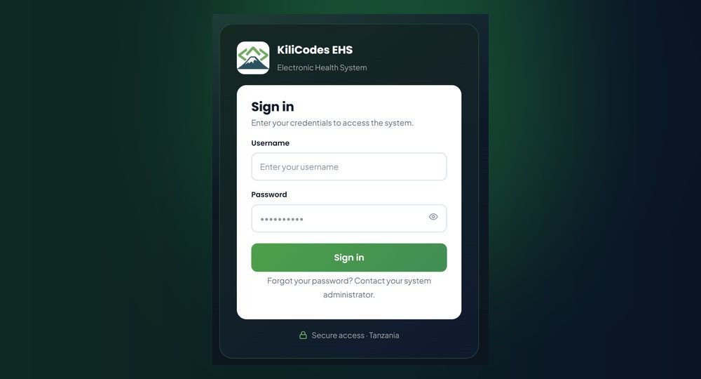 KiliCodes EHS sign-in screen: username and password, secure access